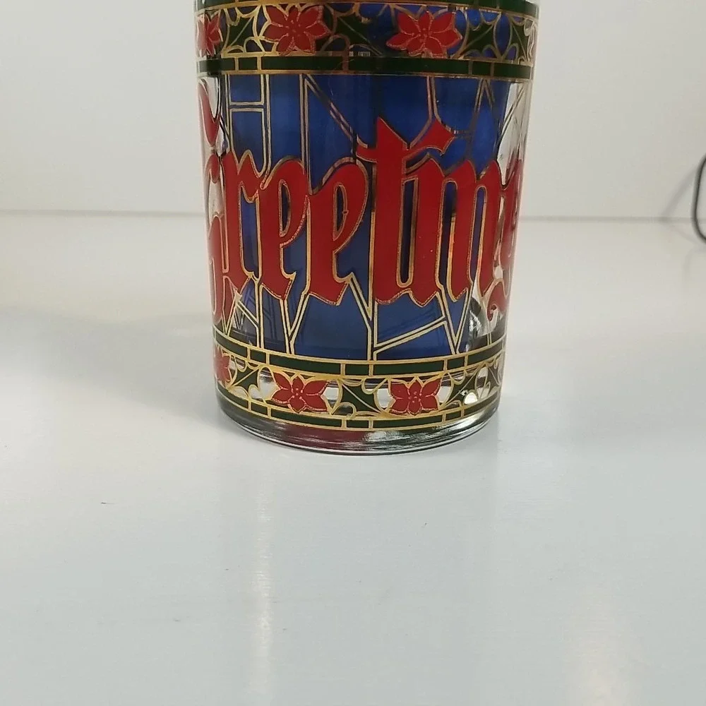 Houze 'Seasons Greetings' Glass Drink Tumbler Red & Green Gold Rim Vintage